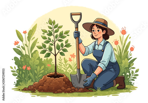Video a young woman gardener in a hat and overalls planting a small tree in the garden with a shovel, illustration style