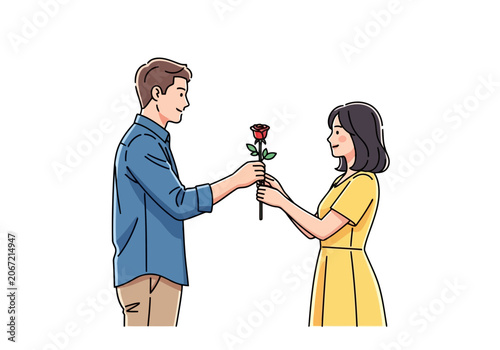 Video young man giving a red rose to a young woman, romantic gesture, couple in love, valentines day concept, flat vector illustration