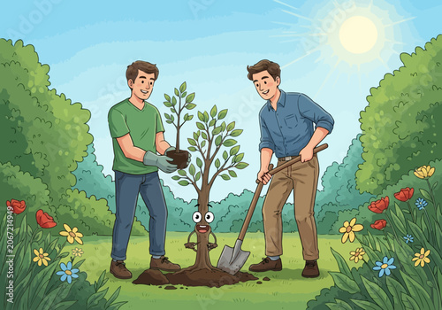 Video two men planting a young tree together in a sunny garden, cartoon style illustration of environmental conservation and teamwork