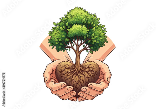 Video hands holding a tree with heartshaped roots, symbolizing environmental care, nature conservation, and love for the planet