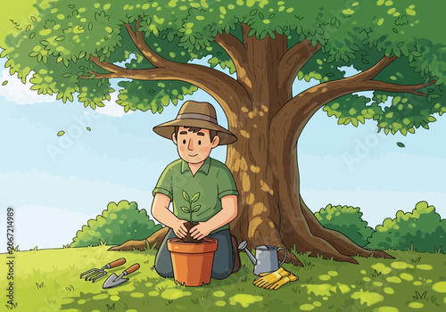Video a young man gardening, planting a small green seedling in a terracotta pot under a large tree in a sunny park setting