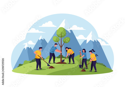 Video group of volunteers planting a tree in a mountain landscape, environmental conservation and reforestation concept, vector illustration