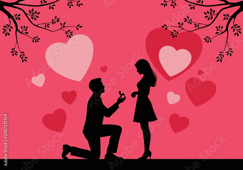 Video silhouette of a man proposing to a woman with a ring on one knee, surrounded by hearts and tree branches on a pink background