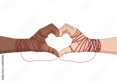 Video two hands of different skin tones forming a heart shape with red thread wrapped around the wrists