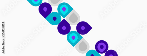 Abstract pattern features circles, varying shades purple, teal. Diagonal arrangement creates dynamic visual flow. Simple, modern design.