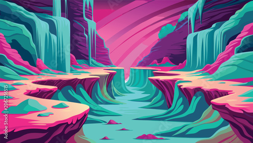 Tableau sur toile Surreal alien planet landscape with colorful canyons and water landscape colorfu
