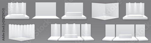 Collection of three white empty trade show booths with backdrop walls and flooring exhibition marketing promotion corporate branding interior structure backdrop