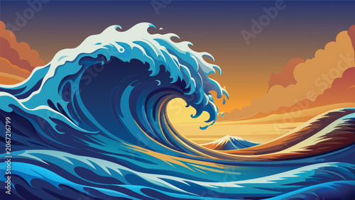 Schilderij op canvas Large crashing ocean wave illustration at golden hour sunset with crashing lands