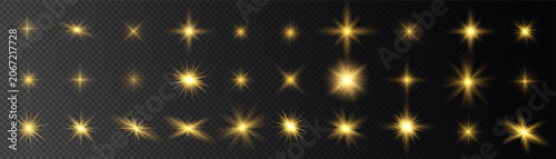 Quadro em tela Set of golden light burst lens flare effects isolated on with collection abstrac