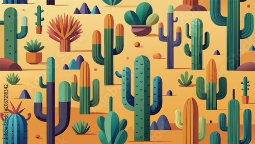 Foto Seamless pattern of colorful stylized cacti in desert landscape with succulent s