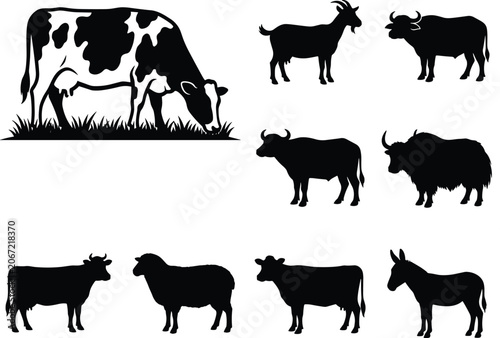 Foto Farm livestock animals silhouette set featuring dairy cow grazing grass sheep go