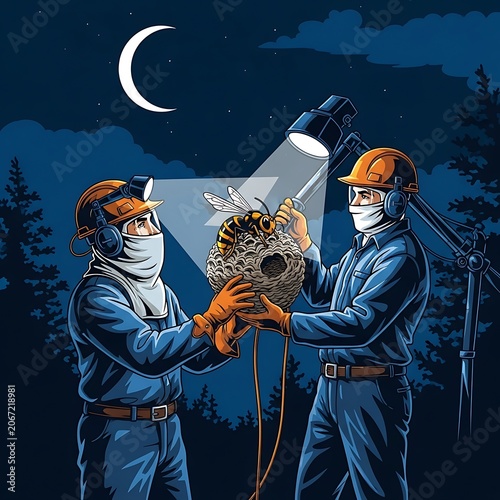 Scientists in Protective Gear Conduct Nighttime Research with Microscope.