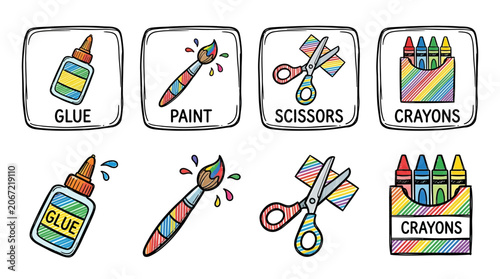 A vibrant collection of colorful hand-drawn art and craft supplies.