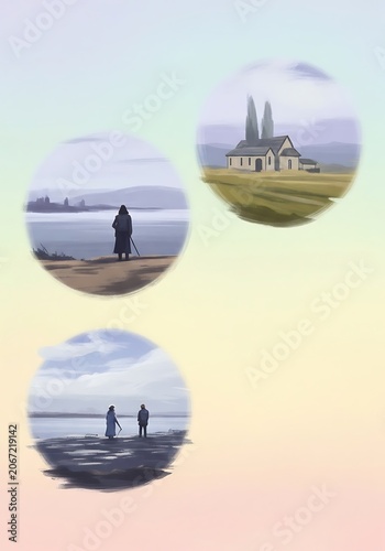 Serene Coastal Landscapes with People and Architecture.