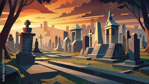 Fotografija Urban cemetery with historic gravestones and tombs against distant city skyline