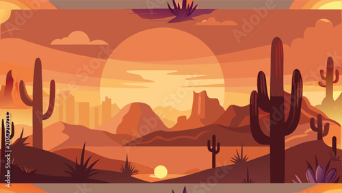 Foto Abstract desert sunset landscape with saguaro cacti and distant mountain range l