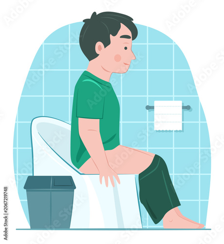 Healthy Kid Boy Sitting on Toilet Bowl to Pooping for Healthy Daily Lifestyle Concept Illustration Clip Art