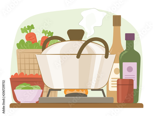 Stock Soup Pot Simmering on Gas Stove with Vegetables, Food Ingredient and Seasoning Bottles in Kitchen for Food Cooking and Culinary Concept Illustration Clip Art