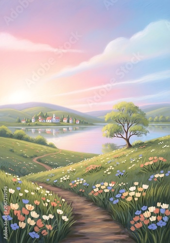 Serene Landscape with Blooming Flowers and Gentle River Scene.