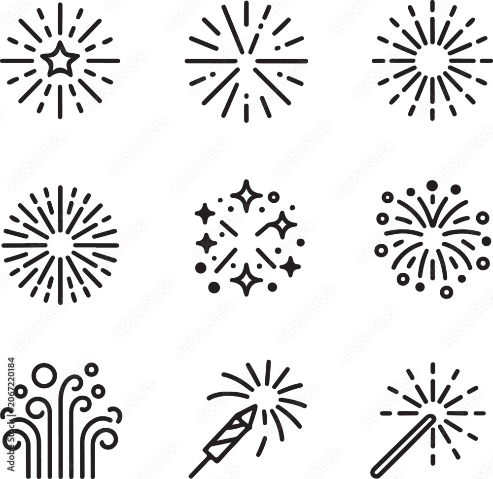 Obraz premium Firework line icon set. Christmas sparkler confetti, firecracker minimal vector illustration. Simple outline sign for New Year celebration party. Editable Stroke