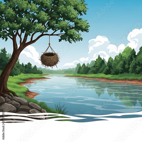Serene Riverside Scene with Hanging Bird Nest and Lush Green Trees.