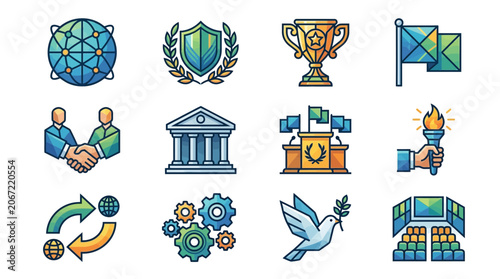 Business Success Icons Set: Achievement, Global Network, Partnership, Peace, Leadership