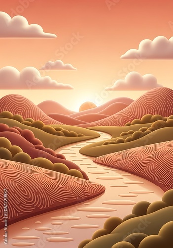 Serene Sunset Over Rolling Hills and River Landscape.