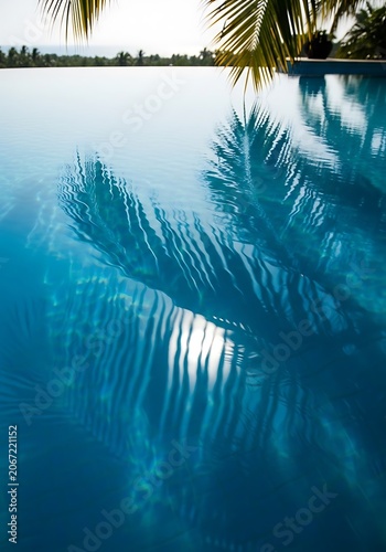 Serene Tropical Poolside Scene with Palm Trees and Calm Water.