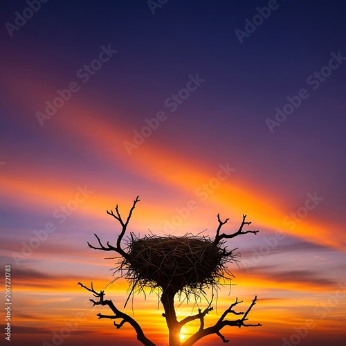 Silhouette of Bird Nest on Tree at Sunset Sky.