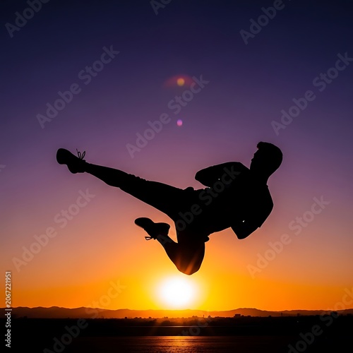 Silhouette of Person Performing Acrobatics at Sunset.