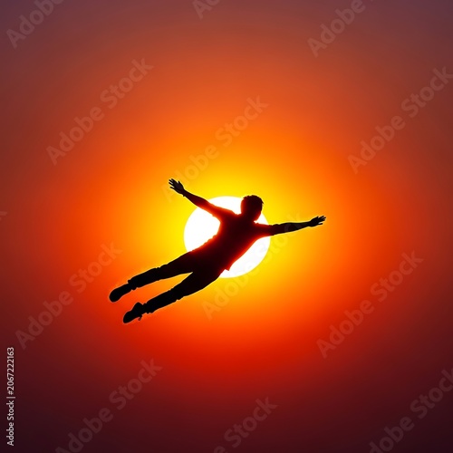 Silhouetted Person Floating Against Vibrant Sunset Sky.