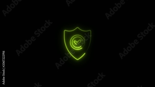 Lime green neon glowing shield with checkmark symbol on dark Generate title without using the word 