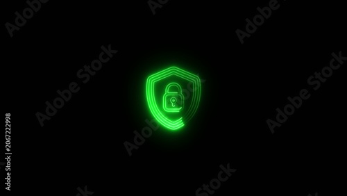 Luminous green neon shield with a lock symbol inside radiating concentric circles on a dark Generate title without using the word 