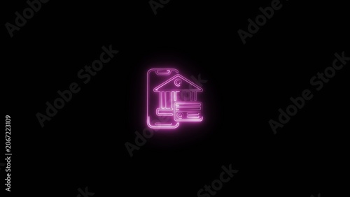 Magenta neon smartphone showing a house with columns and a keyhole inside glowing on dark Generate title without using the word 