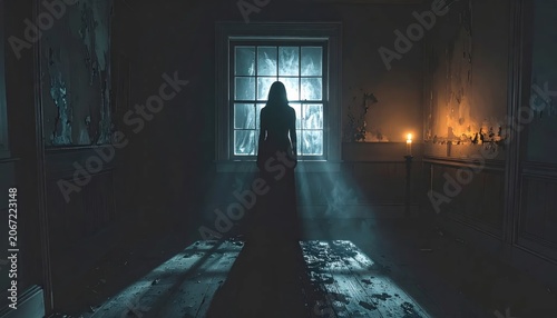 Silhouette in dark room with light.
