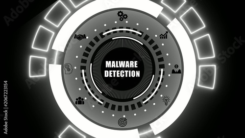 Malware detection circular interface with and glowing white lines on black background