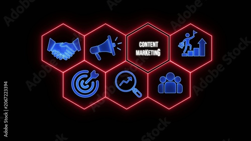 Marketing in neon hexagons on black background blue