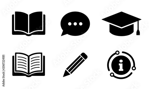 Education and Learning Icons Set – Book, Graduation Cap, Pencil, Information and Communication Vector Icons