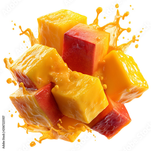 Fresh mango cubes splashing in juice isolated on transparent background