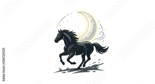 Fotografie majestic black stallion running under the crescent moon