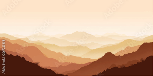 Foto Layers of misty, sepia-toned mountains recede into the horizon, creating a serene and majestic landscape
