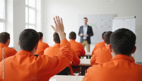 A group of men in bright orange uniforms sitting in a classroom, one person raising their hand.