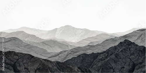 Tableau sur toile A panoramic vista of majestic mountain ranges receding into a hazy horizon, rendered in striking monochromatic tones that emphasize their rugged grandeur and serene beauty