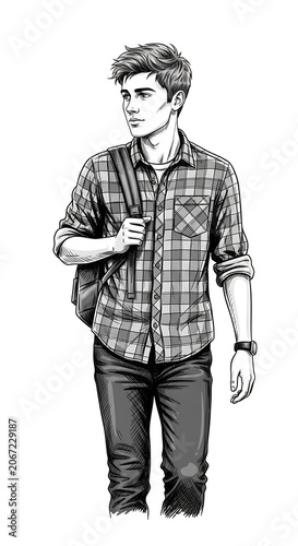 Young boy in plaid shirt and jeans posing outdoors.