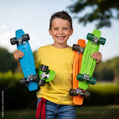 Young boy joyfully holding colorful water guns outdoors.