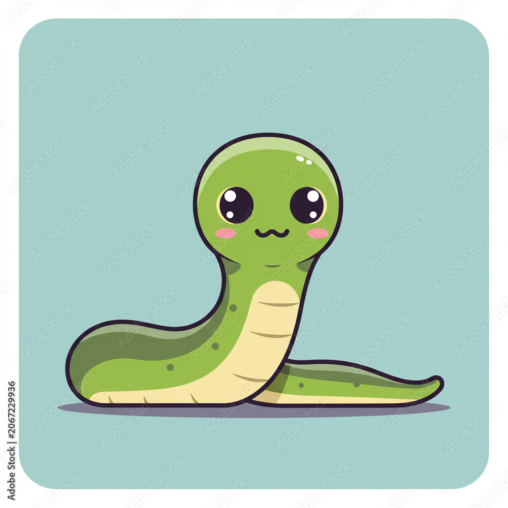 Fototapeta premium Cute green snake cartoon character with big eyes on blue background
