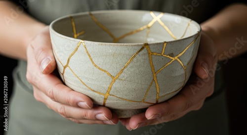 Person holding a ceramic bowl repaired with golden lines