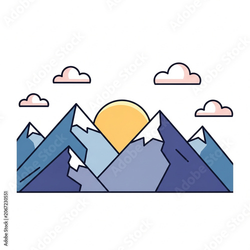 Minimalist mountain landscape with rising sun and fluffy clouds
