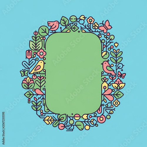 Nature themed frame with birds and floral line art icons