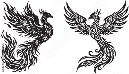 Fotografie Phoenix Bird Silhouettes Black And White Vector Illustration